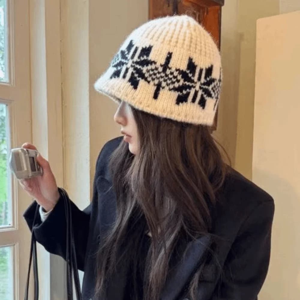 Retro Warm Jacquard Knitted Hat Wool Printed Snowflake Beanies Retro Cute Printing Knit Cap Autumn
