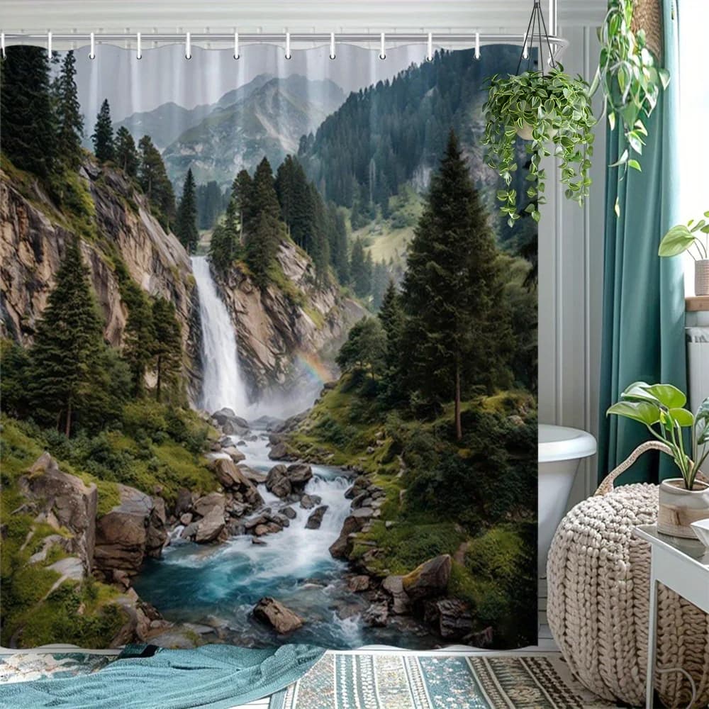 Tenda da doccia effetto cascata – Montagna, Fiume, Pini, Arcobaleno, Stampa piatta 2D, Poliestere, con occhielli, 71x71 pollici