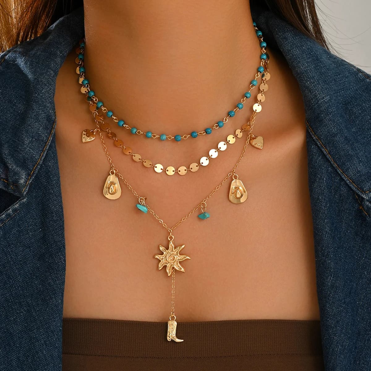 3‑Tier Western Layered Necklace Turquoise Bead Cowboy Boot Sun Heart Charm Adjustable Boho Women Statement Neck Jewelry