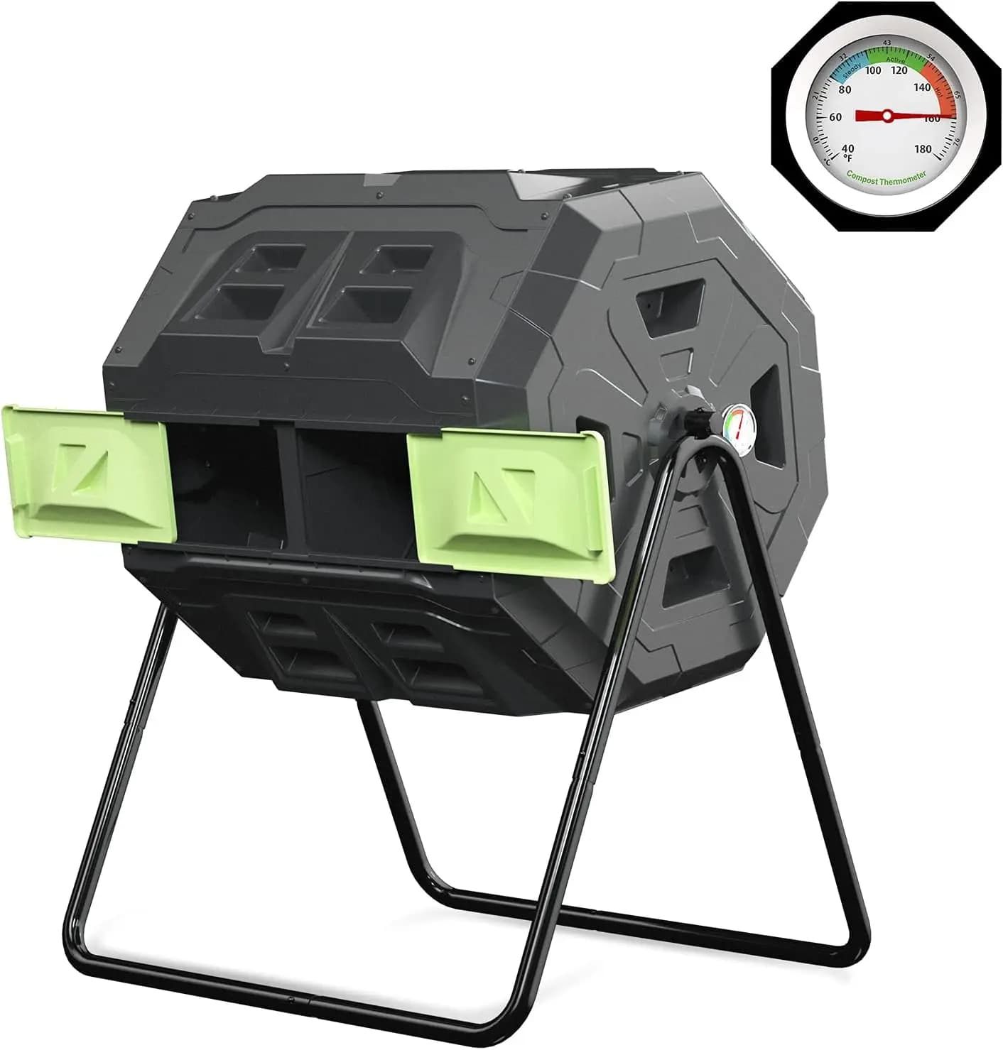 Large container for outdoor compost with thermometer, steel swivel structure, 43 Gallon green door