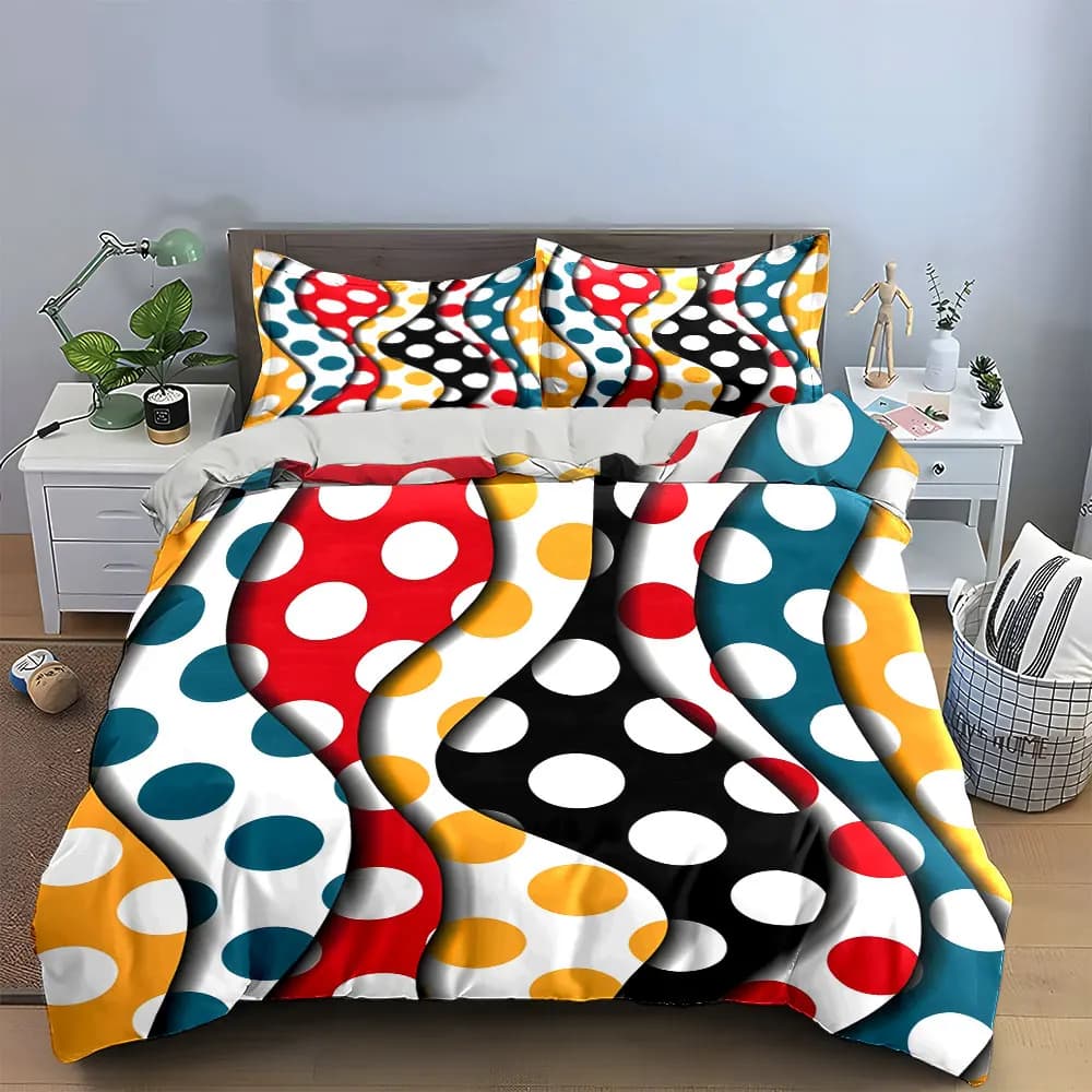 3Pcs Retro Funky Bedding Set, Wavy Colorful Polka Dot Pattern Print Duvet Cover, Teen Bedroom Decor, gifts