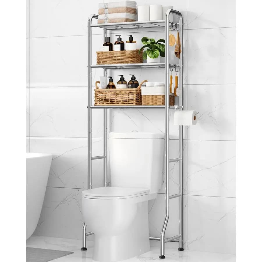 Scaffale portaoggetti da bagno in metallo sopra il WC, mobiletto portaoggetti sopra il WC con porta carta igienica e gancio