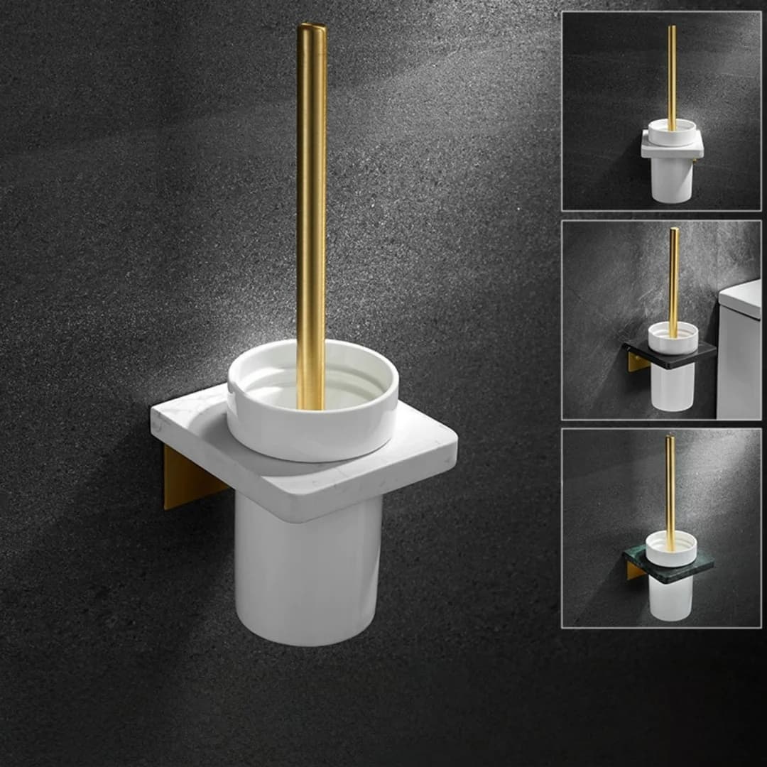 Portascopino WC in Marmo Bianco Tuqiu con Spazzola, Set Portascopino da Parete per Bagno, Finitura Oro Spazzolato