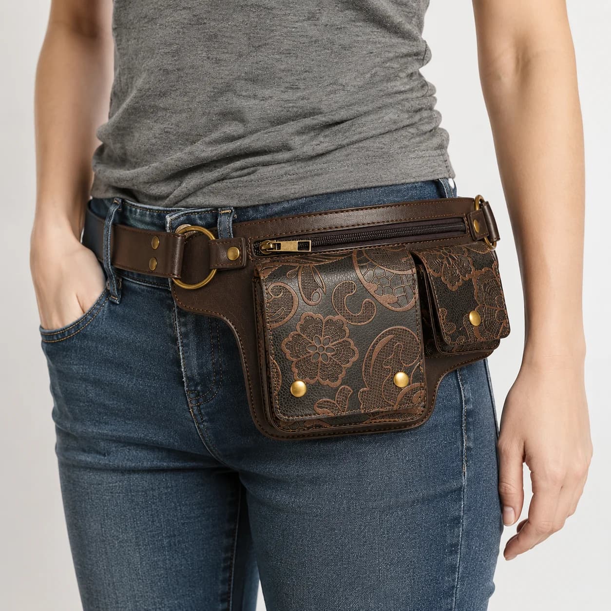 Vintage Embossed PU Leather Waist Bag Multi-Pocket Adjustable Belt Pouch Hip Pack for Travel Festival