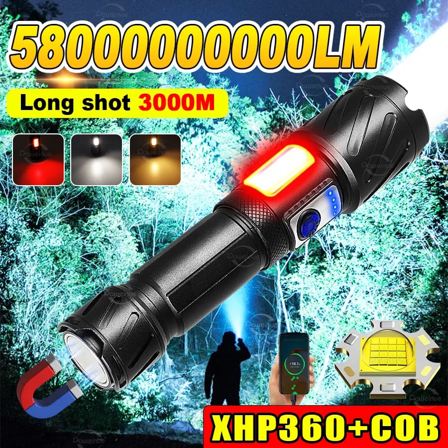 Super High Power XHP360 LED Flashlight Rechargeable Strong Light Flashlight 18650 Long Range 3 KM Tactical Torch Camping Lanter