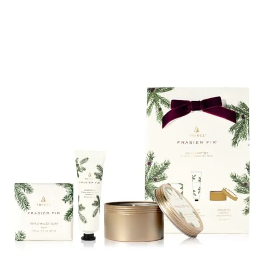 Thymes Frasier Fir Hand Cream Travel Tin Candle Jar and Bar Soap Gift Set - Scented with Notes of Siberian Fir Cedarwood and Sa