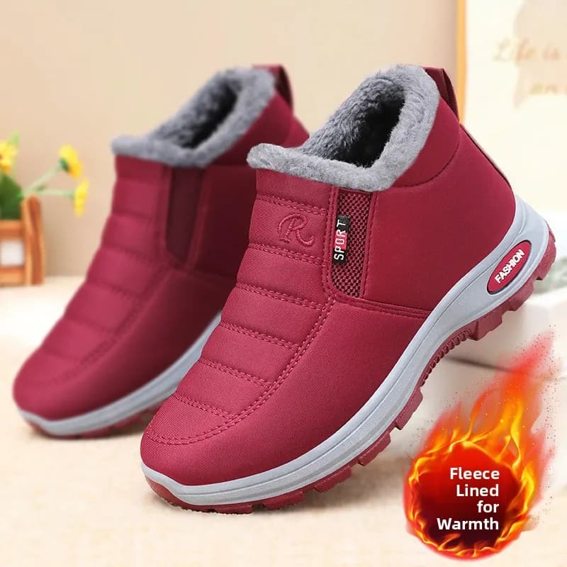 Thickened Fleece Lined Casual Cotton Boots for Women Elderly Warm Leisure Mom Shoes Synthetic Leather Snow Boots Flat Heel