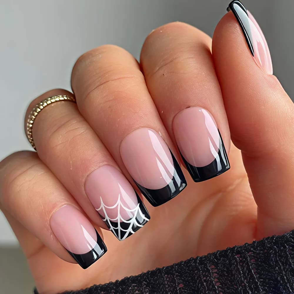 24Pcs Halloween Press On Nails Pink Cute Ghost Spider Web Fake Nails Women Girls Party Nail Art with 1 Jelly Glue 1 Nail File