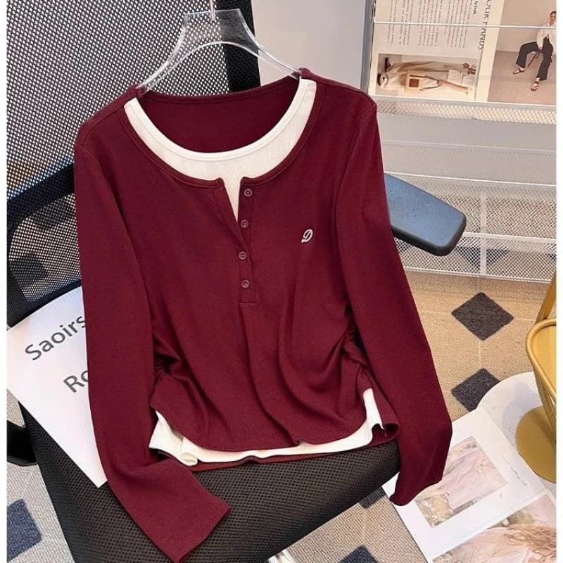 Abbigliamento donna Manica lunga Falso in due pezzi Contrasto Casual Top Primavera Autunno Nuove magliette vintage taglie forti Moda Harajuku