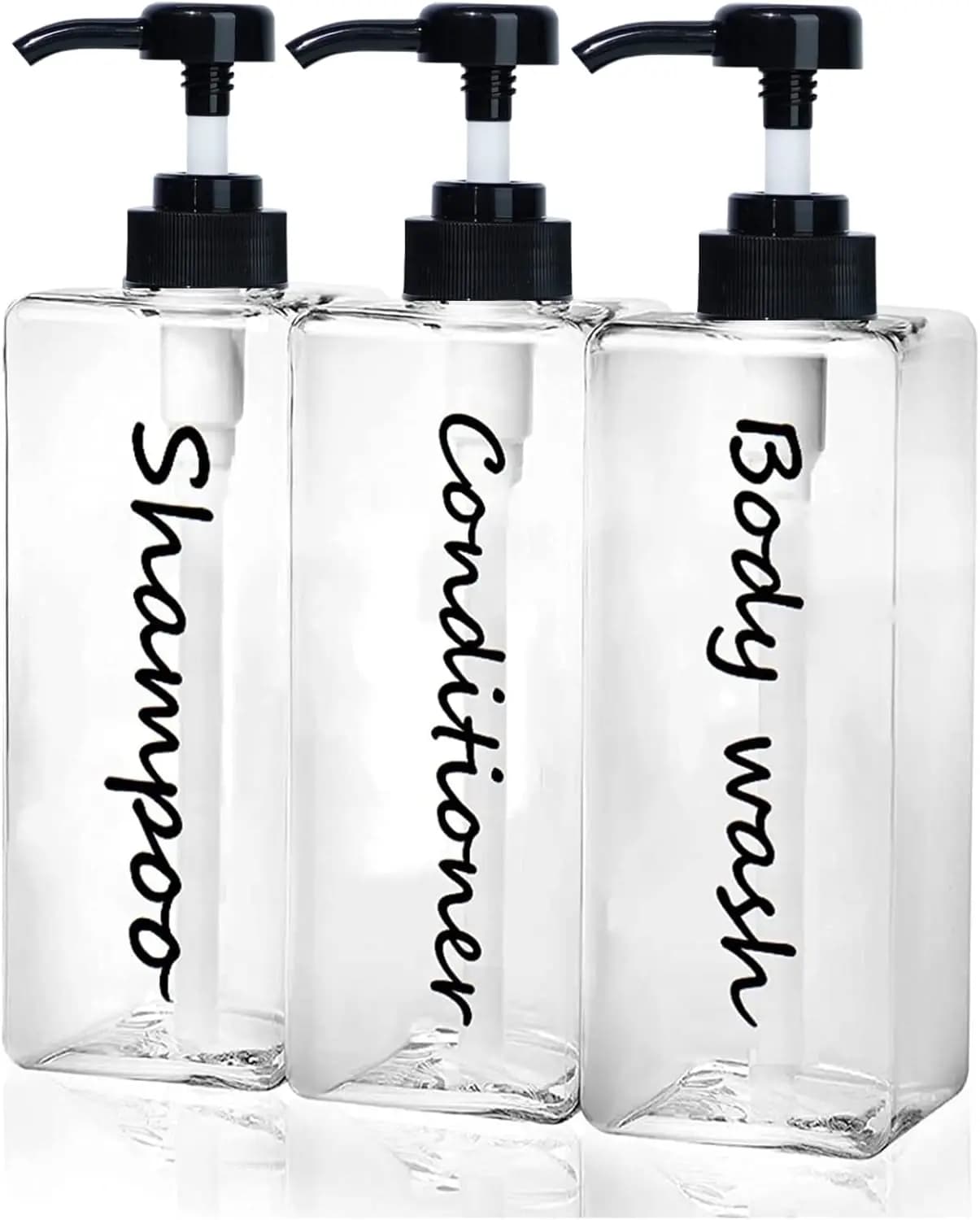 Set Dispenser Shampoo Trasparente - 3 Flaconi Ricaricabili, 620ml Ciascuno, Dispenser Sapone Moderni per Bagno e Doccia