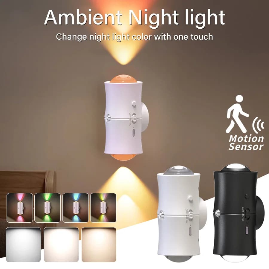 Luce Notturna LED Ricaricabile con Sensore di Movimento, 3 Colori/RGB, Lampada da Parete Magnetica a Doppia Testa per Corridoi e Scale, Illuminazione d'Ambiente