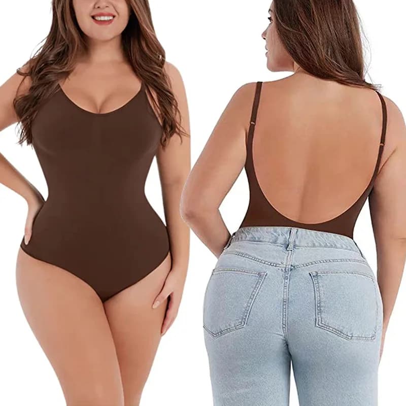 Body modellante senza cuciture e senza schienale, contenitivo e rassodante, con effetto push-up, elasticizzato, a busto aperto, snellente
