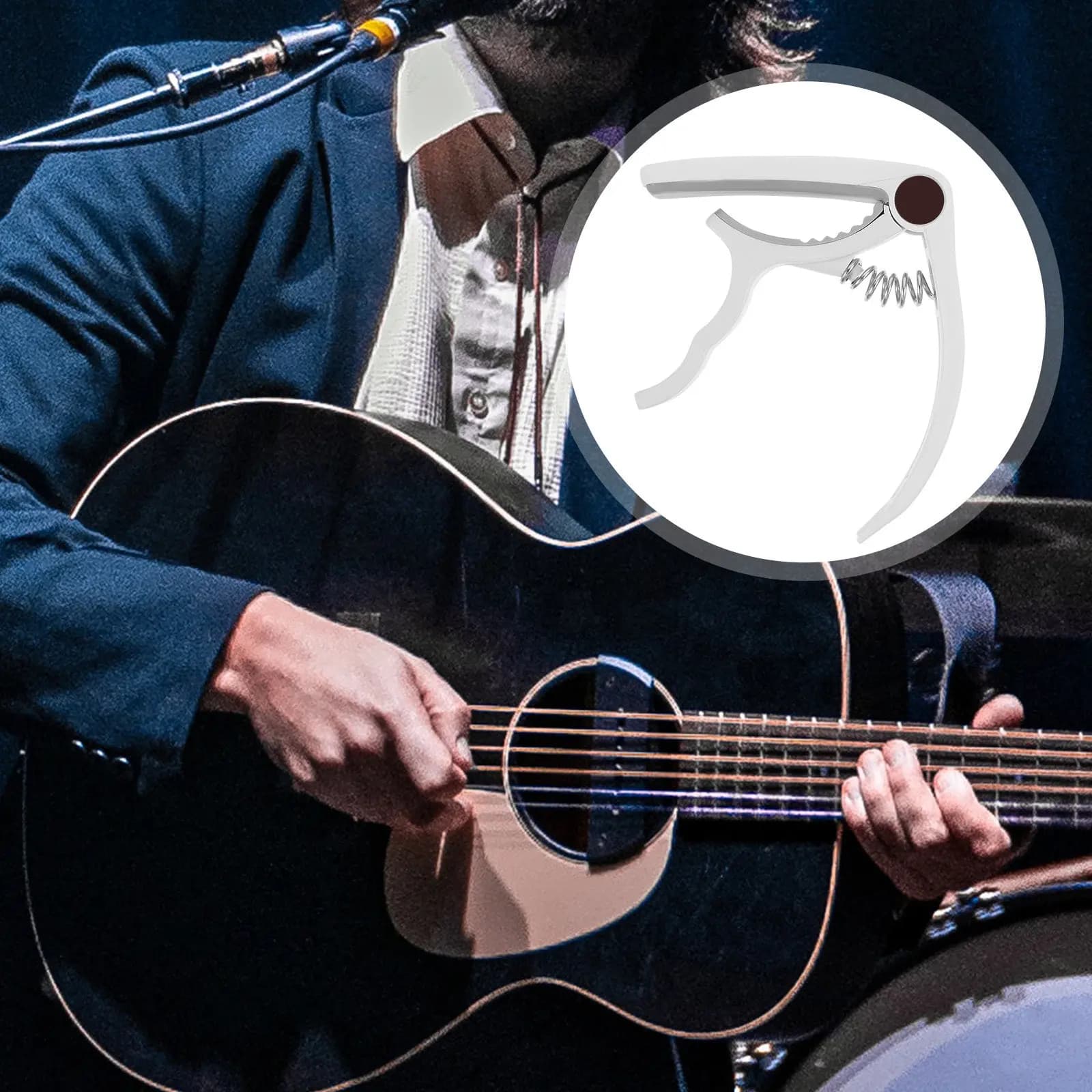 Capotasto per Chitarra con Accordatore a Clip e Trigger, Bianco, per Chitarra Acustica, Elettrica, Ukulele, Banjo