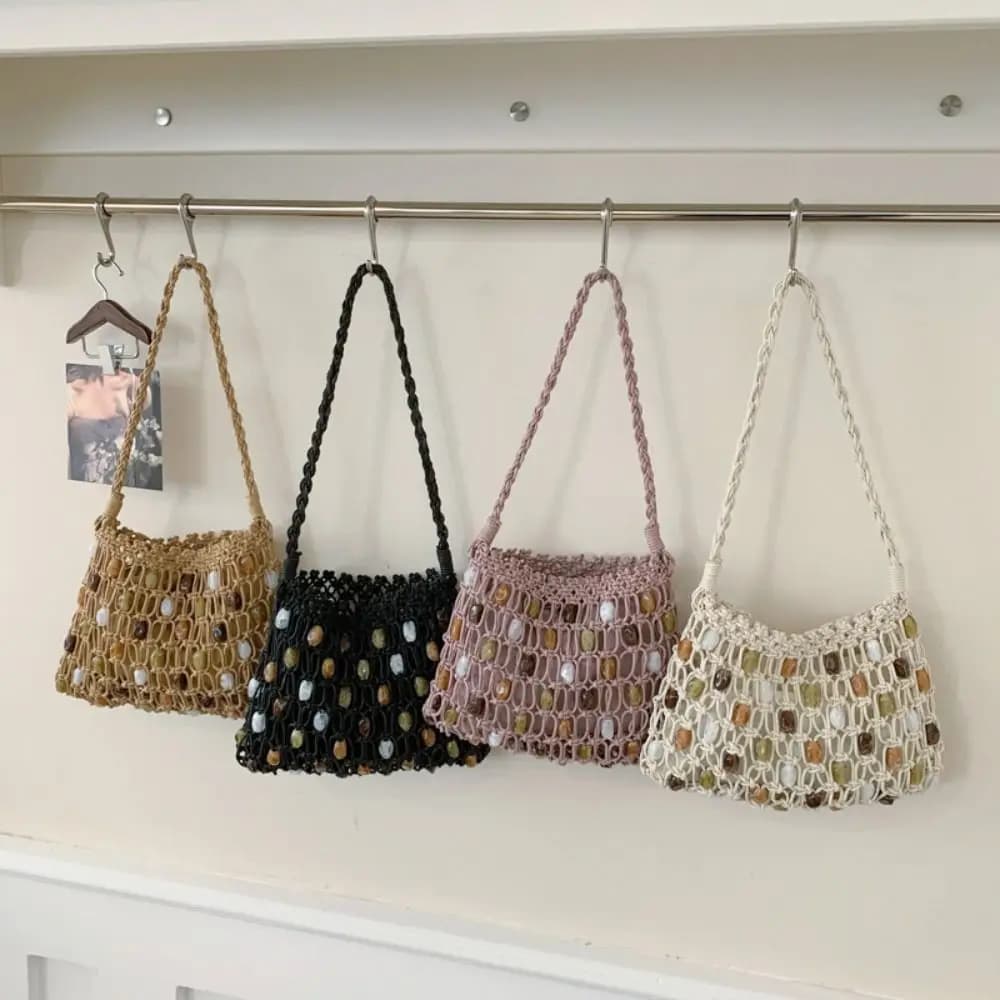 Borsa a tracolla intrecciata con perline in stile coreano, fatta a mano, in corda cerata, con perline a tinta unita, borsa tote per tutti i giorni