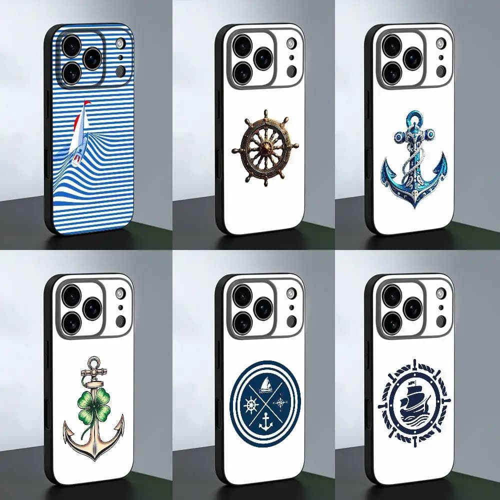 For Anchor Boat Ship Wheel Compass Logo Phone Case For iPhone 15 17 18 11 14 13 12 16 Pro Max Mini Plus Custom Black Cover