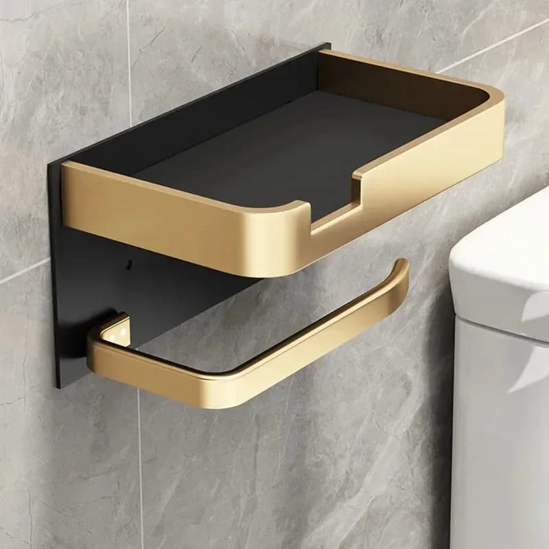 Black Gold Wall Mount Toilet Paper Holder Multifunctional Bathroom Rack With Phone & Towel Storage Shelf