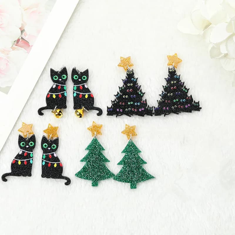 10Pcs Charms per albero di natale creativo acrilico nero gatto stella ciondolo campana Gingle per portachiavi collana gioielli fai da te