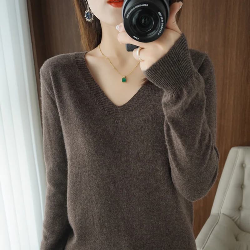 Pullover caldo con scollo a V da donna, maglione lavorato a maglia, moda coreana, top interno sottile e ampio a maniche lunghe, autunno e inverno, nuovo