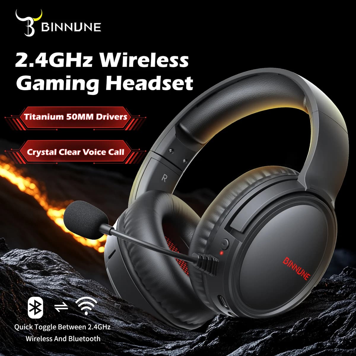 BINNUNE BW02 2.4 GHz USB Dongle Wireless Gaming Headphone Bluetooth 7.1 Microphone surround with noise cancellation Headphones for PS5