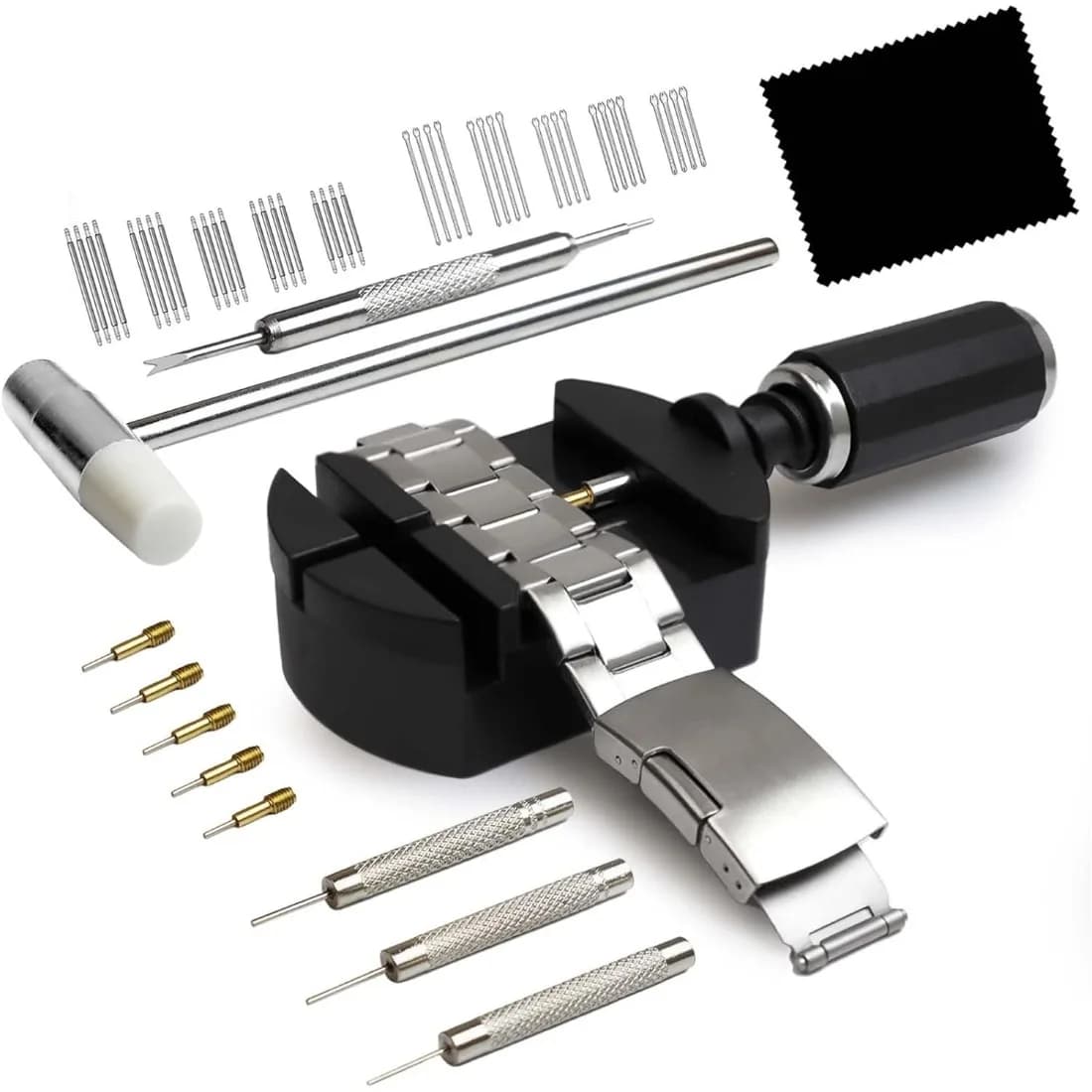 Set di Strumenti Professionali per Riparazione Orologi, Rimozione Cinturini, Regolazione Cinturino, Martello per Orologi, Attrezzo per Barrette a Molla, Nero