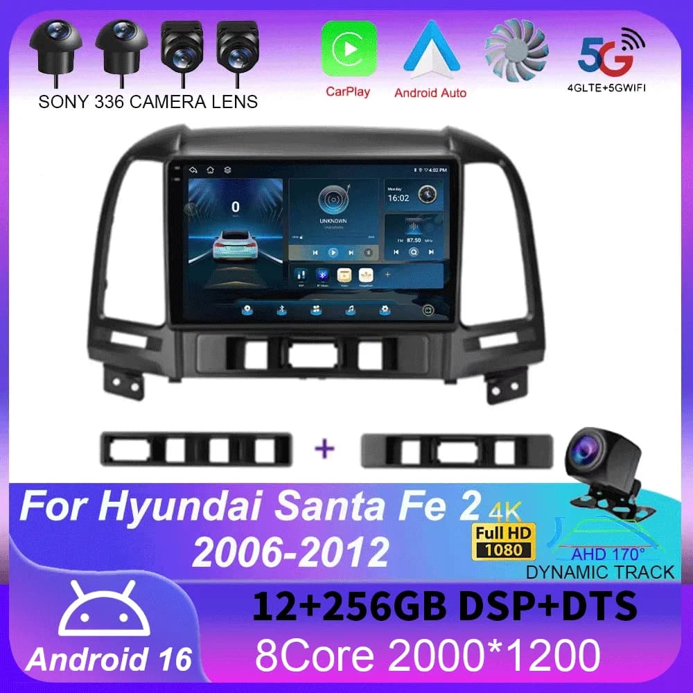 Autoradio Android 16 per Hyundai Santa Fe 2 2006-2012, Carplay 4G, Lettore Multimediale per Auto, Navigazione GPS, 2 Din, Stereo BT