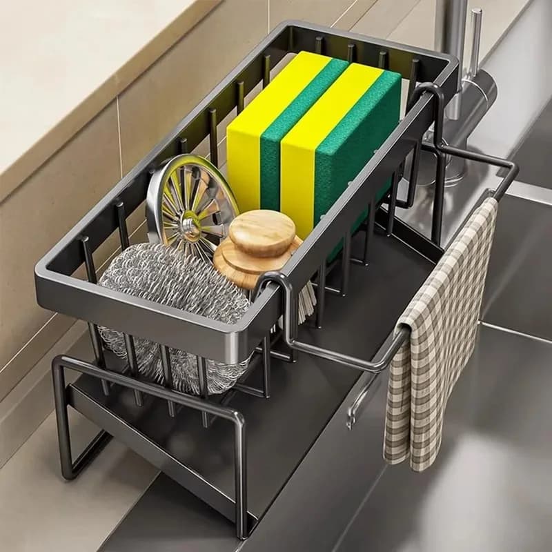 Organizzatore per Lavello da Cucina 23×9×10cm - Portaoggetti in Metallo Grigio con Vassoio di Drenaggio e Portasciugamani, Design Angolare Liscio