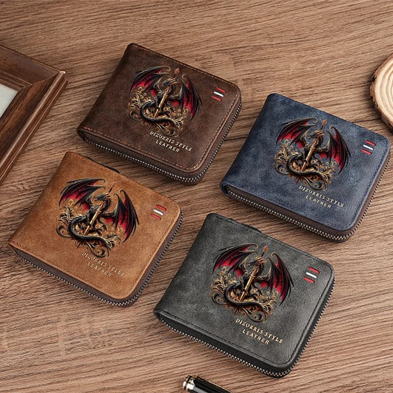 Dragon Short Men Zipper Wallets Slim Classic Coin Pocket Photo Holder Small Male Wallet Card Holder Frosted Leather Boys Purses