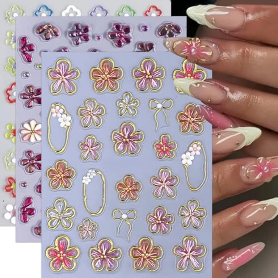 3 Sheets Flower Nail Art Stickers, 5D Embossed Hibiscus Nail Decals Jelly Floral Self Adhesive Relief Purple Nail Design Nail S