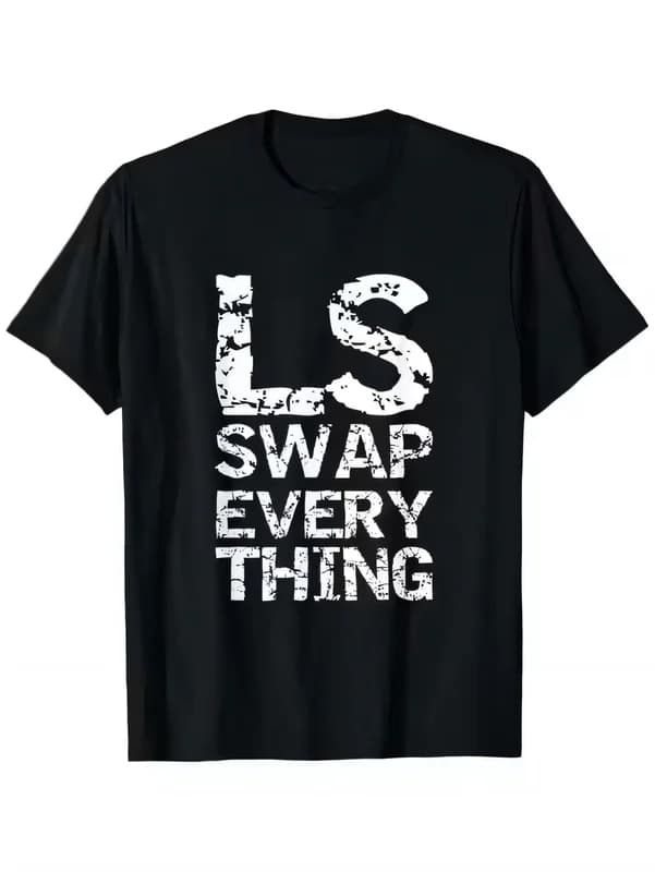 LS SWAP EVERYTHING Graphic T-shirt Men's Vintage Distressed Letter Print Black Short Sleeve Crew Neck Cotton Casual Streetwear Tee