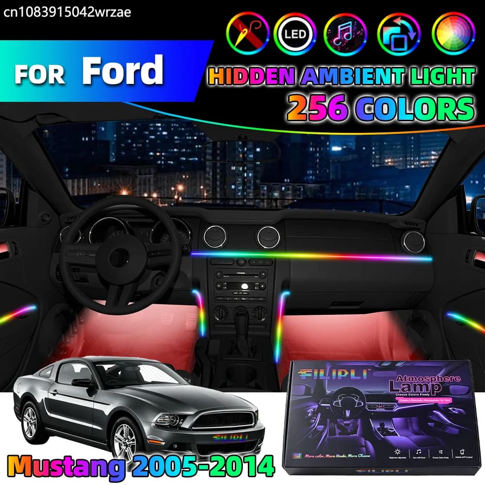 Kit di illuminazione ambientale per interni auto 10 in 1 per Ford Mustang 2005-2014, strisce luminose a LED con controllo tramite app.