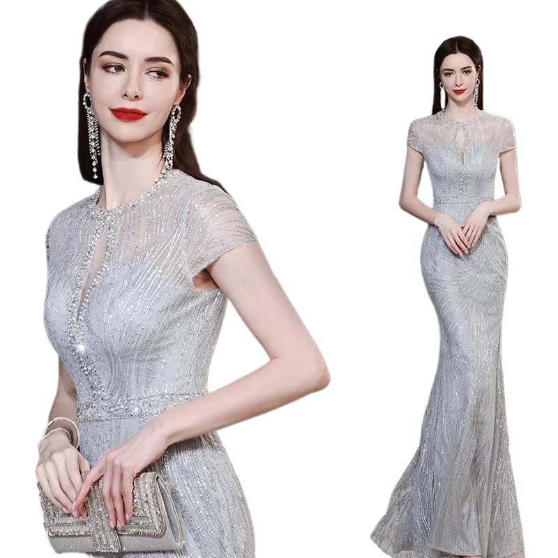 Splendido abito da sera formale lungo a sirena con paillettes sexy con scollo tondo, argento con maniche