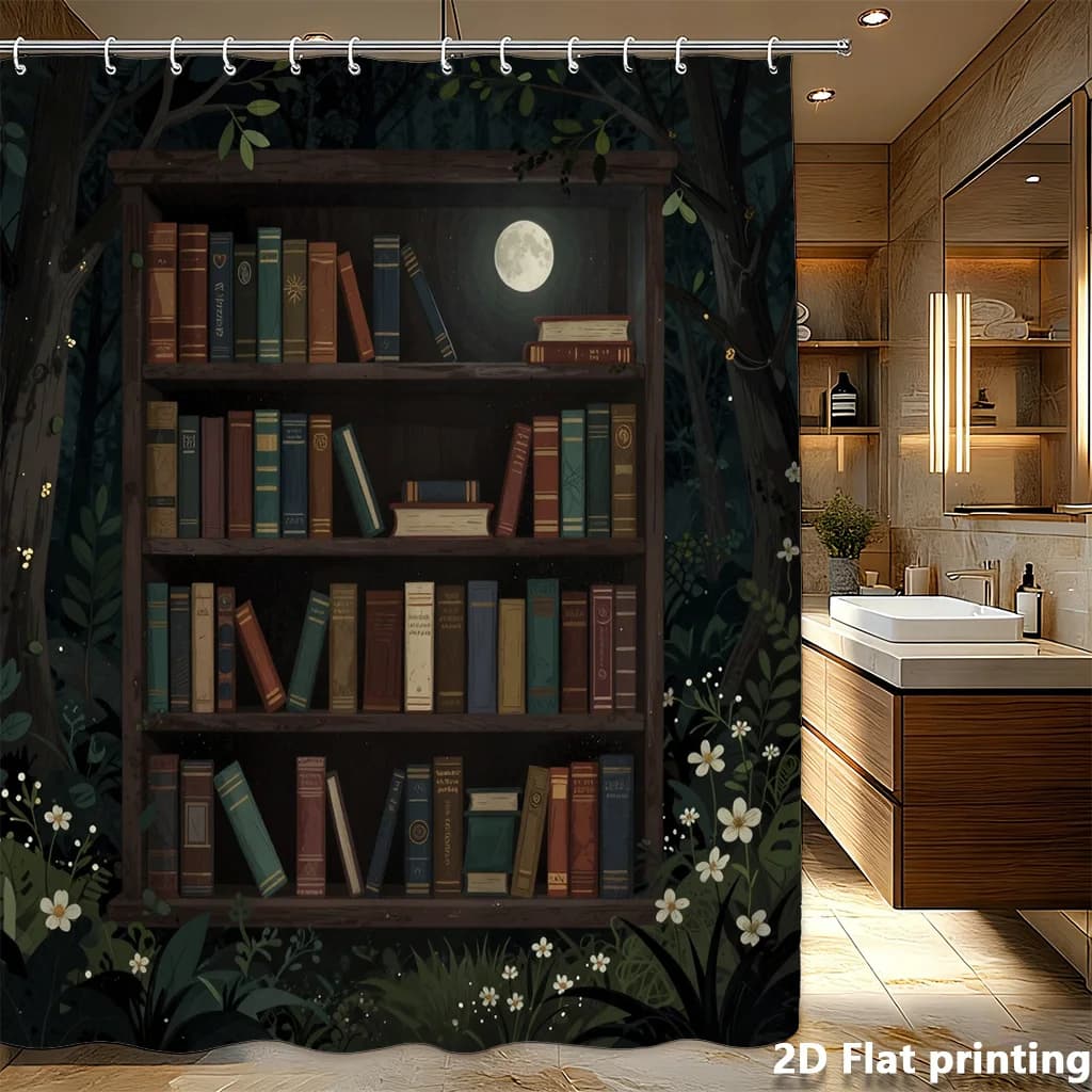 Tenda Doccia con Stampa Libreria Foresta, Libri Vintage, Luna Piena, Fiori Bianchi su Verde Scuro, Poliestere Impermeabile, con Occhielli