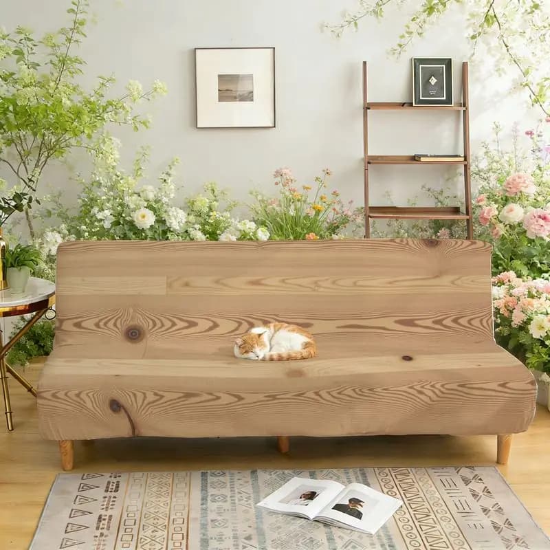 Elastic Cover for Sofa Bed Without Arms, Natural Texture, Light Brown, Pattern in Solid Wood