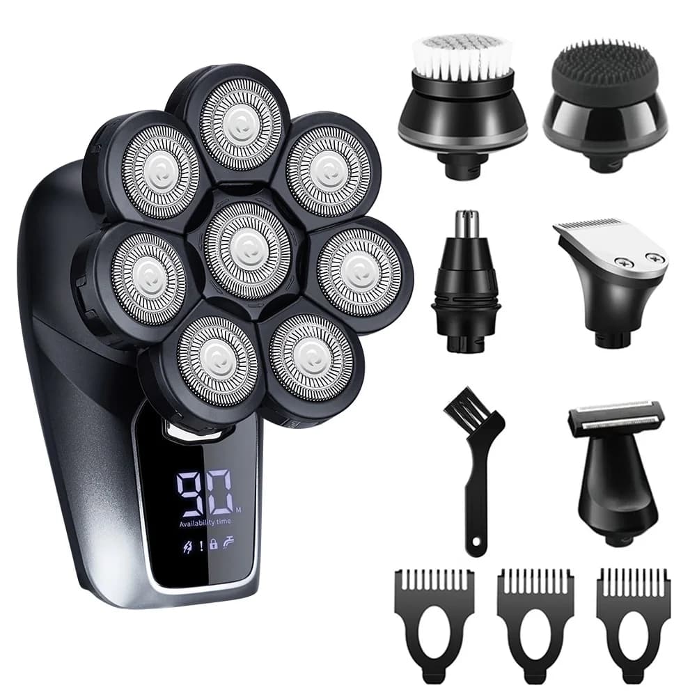 Rasoio elettrico 6 in 1 per uomini calvi 7 lame Rasoio galleggiante Tagliacapelli Ricarica USB Display a LED Rasoi per barba impermeabili