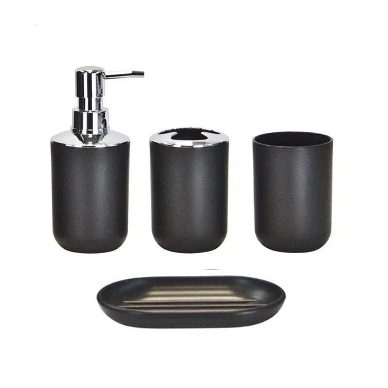 Set da bagno 4 pezzi, set regalo in plastica, portaspazzolino, tazza per spazzolino, dispenser per sapone, portasapone (grigio, nero)