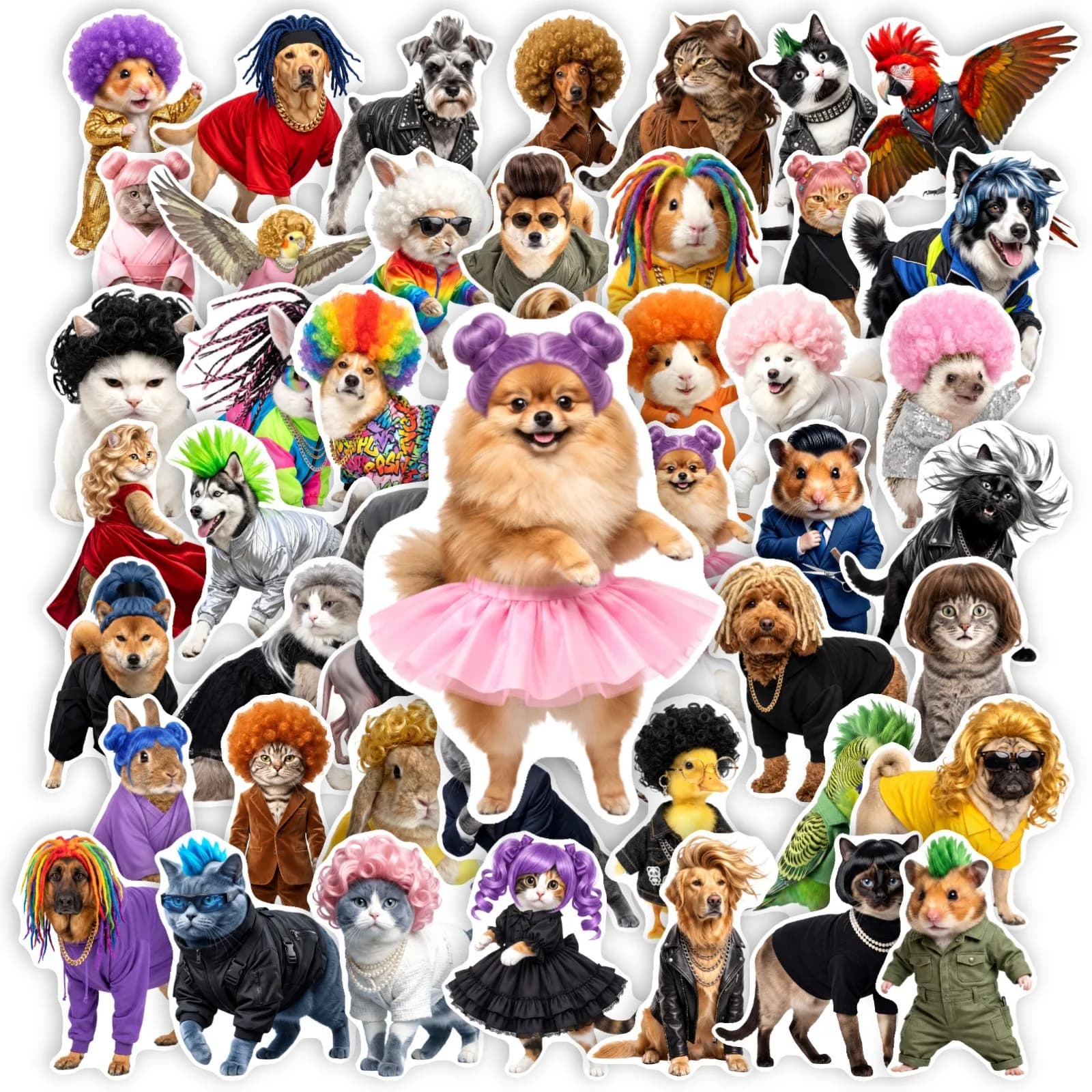 50 PCS Fun Dress Up Cat Dog Animal Stickers Funny Wig Costume Pet Waterproof Decals Decorate Skateboard Helmet Bike