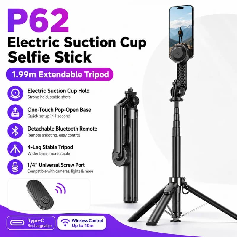 P62 Electric Suction Cup Selfie Stick Tripod, Bluetooth Remote Telescopic Phone Stand for Vlog Live Stream Video Recording