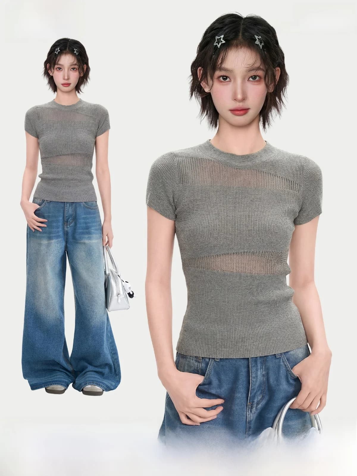 Gray Hollow out Shoulder Knitted Short Sleeve T-Shirt Women's Summer Vintage Design Slimming See through Fit Top