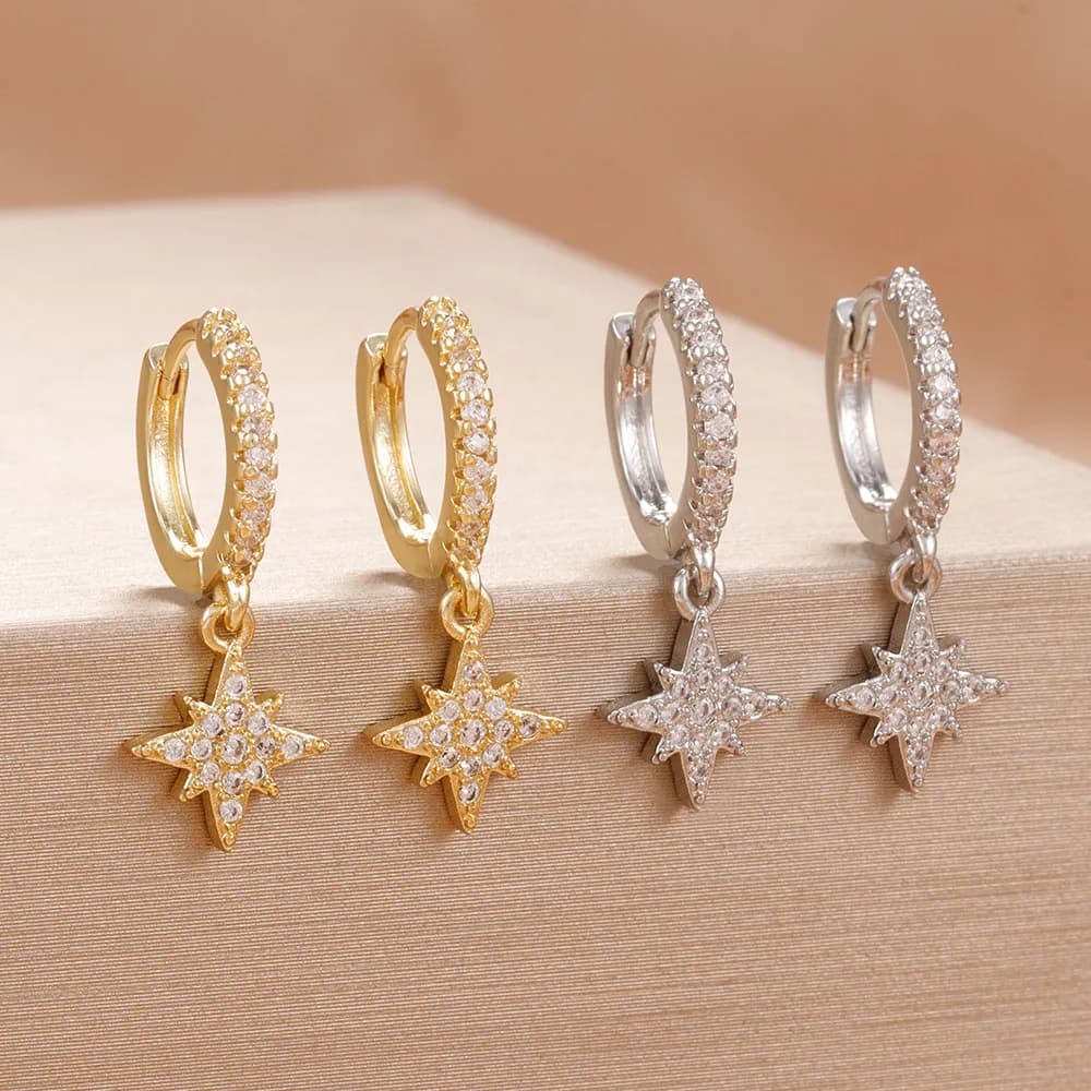 Nuovi orecchini a cerchio con pendente in acciaio inossidabile con zirconi a forma di stella per le donne Accessorio per gioielli per feste di nozze Pendientes placcati in oro 18 carati