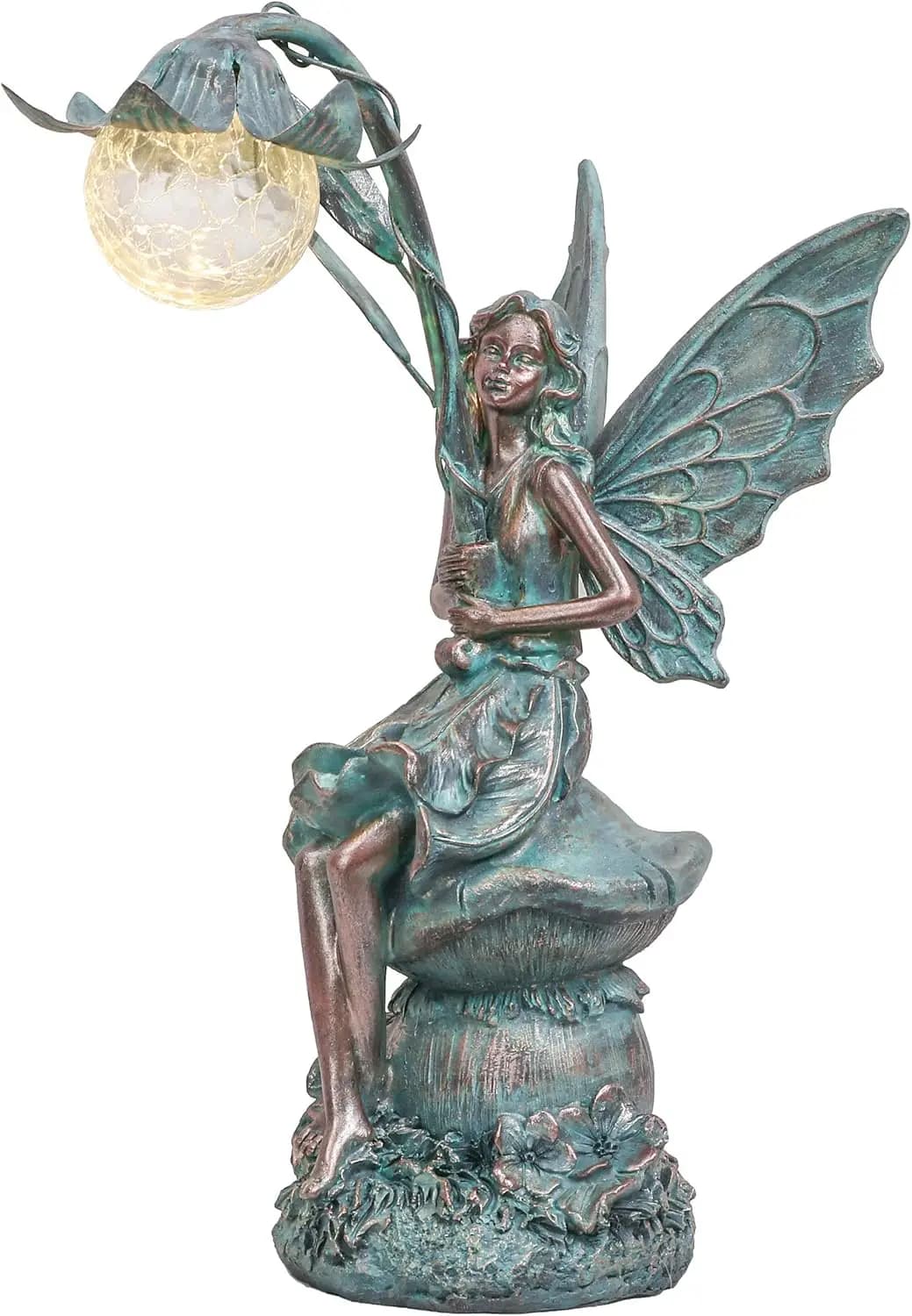 Sculture di fate da giardino a luce solare per esterni, figurine in bronzo con patina in resina per decorazioni, regali per donne mamma, 13,8''