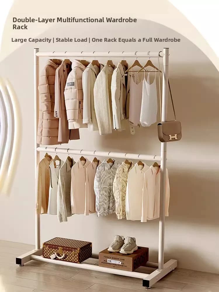 Simple double layer hanger for bedroom, living room, balcony, with ironing function and organizer to store clothes