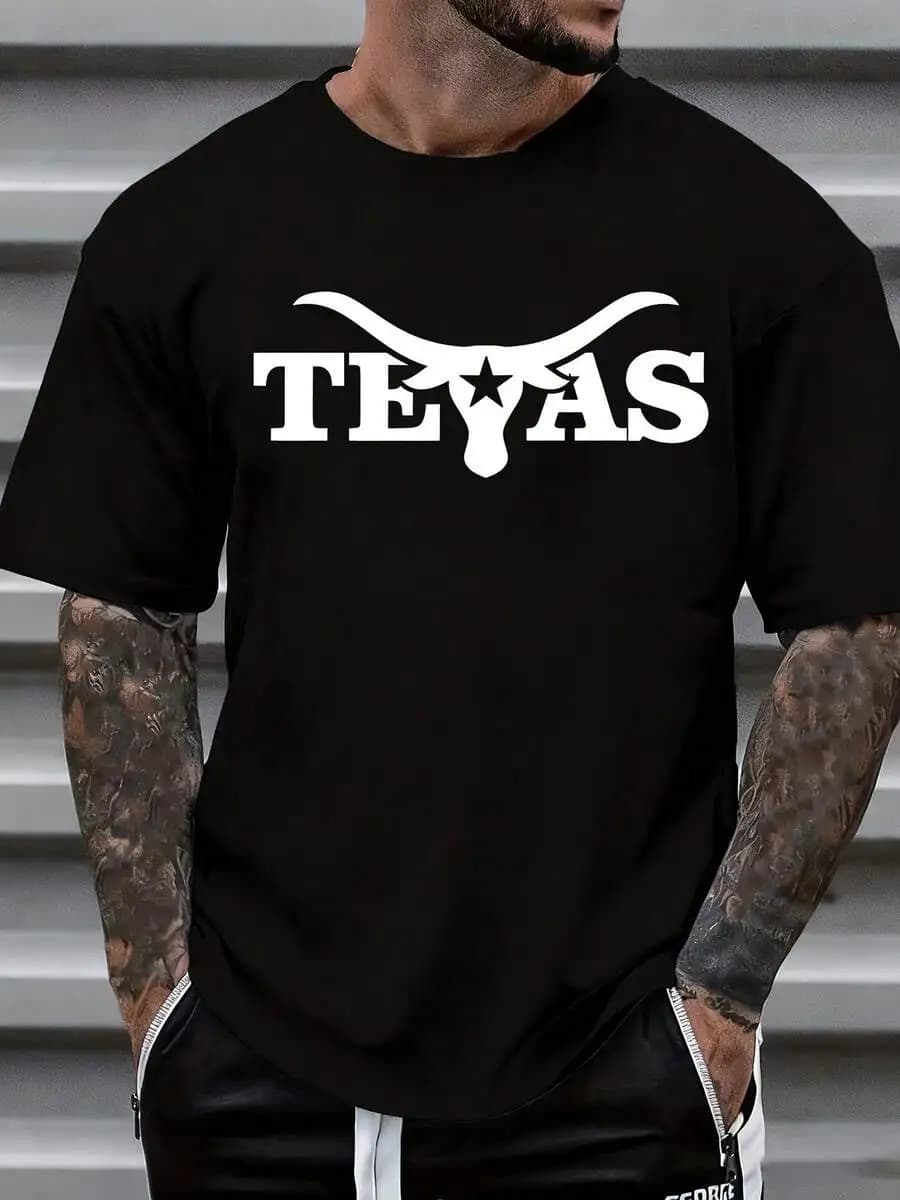 Maglietta grafica casual bianca con logo Texas Longhorn, top streetwear unisex in cotone a maniche corte per l'uso quotidiano estivo