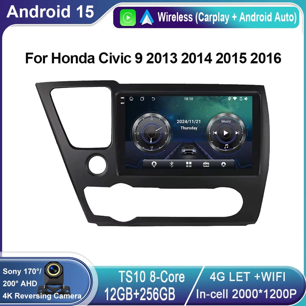 Android 15 For Honda Civic 9 2013 2014 2015 2016 Carplay Car Radio Multimedia Video Player GPS 4G Navigation Autoradio No 2 Din