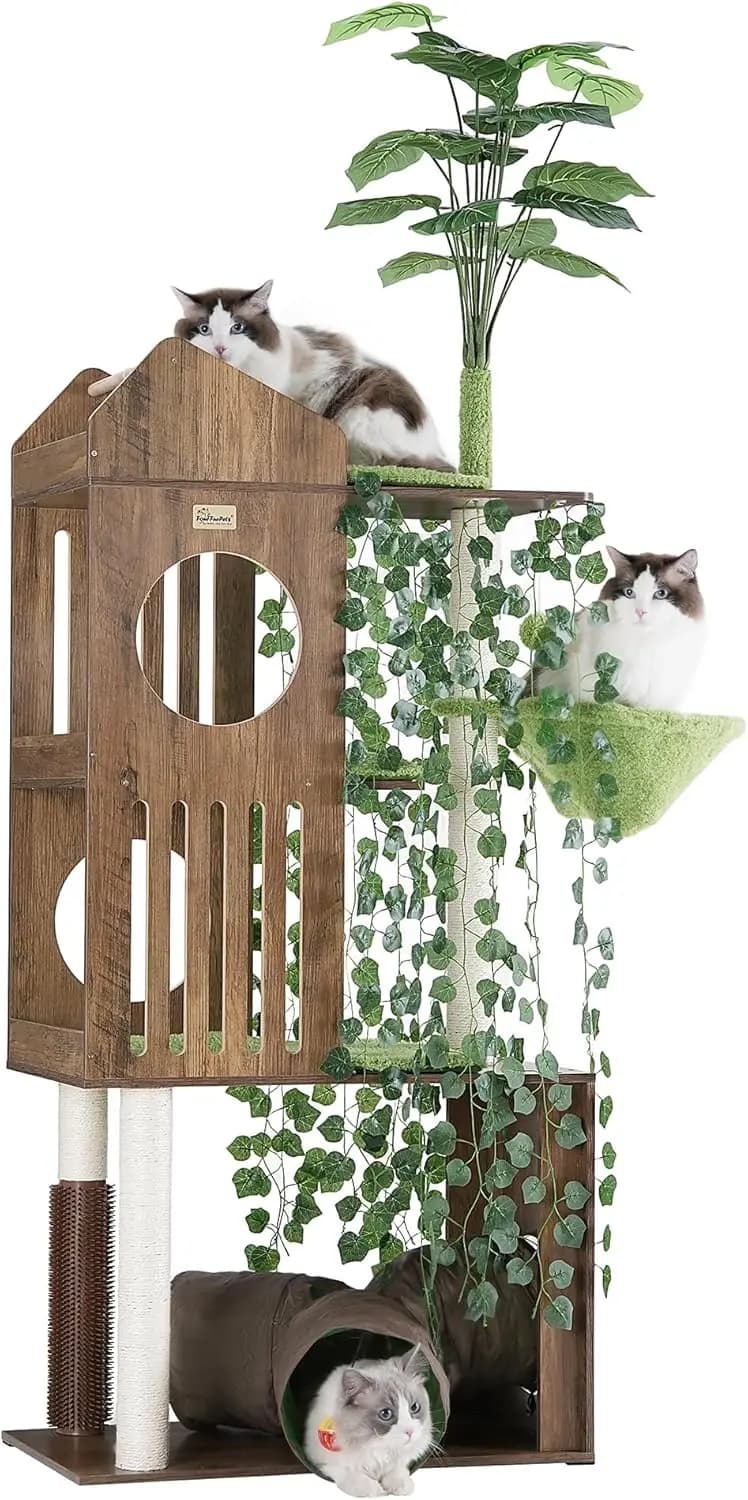 Albero per Gatti da Interno Grande, in Sisal e Tessuto, Grigio, con Piattaforme Multilivello e Palla con Altalena