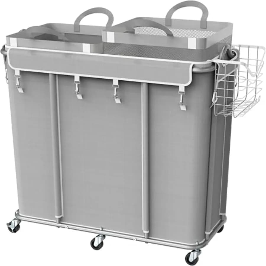 Carrello Portabiancheria Extra Large a 2 Sezioni con Ruote, 265L (70 Galloni), Cesto Grigio Resistente con 2 Sacchi Rimovibili e 6 Ruote Scorrevoli per