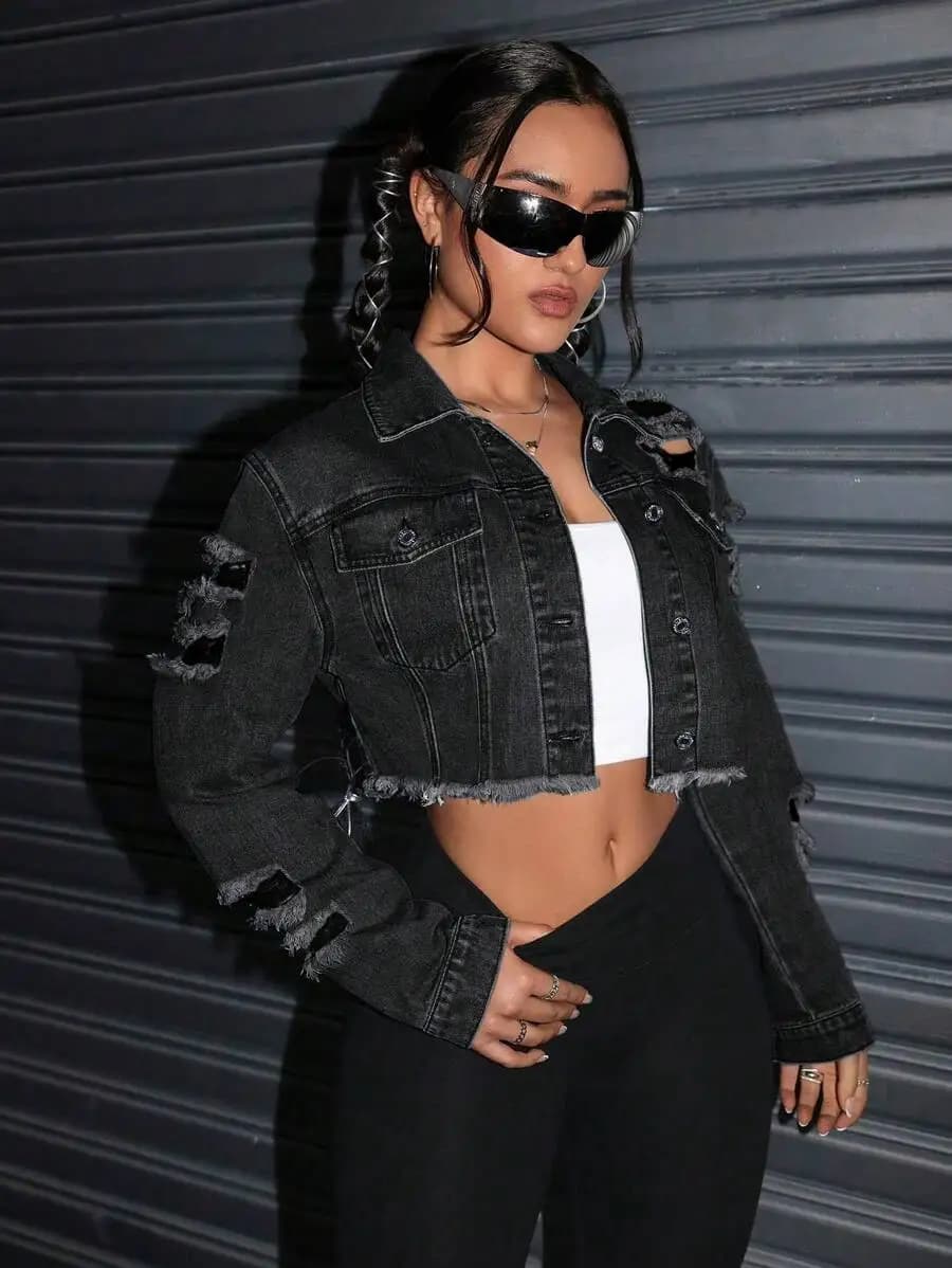 Ripped Washed Denim Jacket Cropped Style For Summer