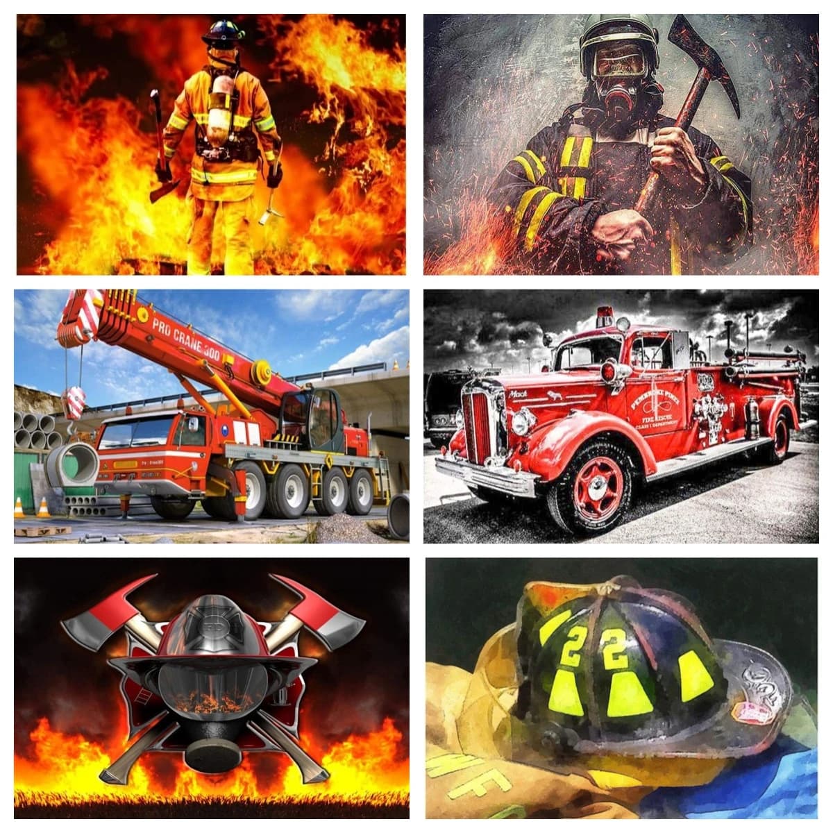 Retro Red Fire Engine Paint with Diamonds Embroidery Mosaic Art Fireman Helmet Diamond Painting Craft Kit Garage Man Cave Decor