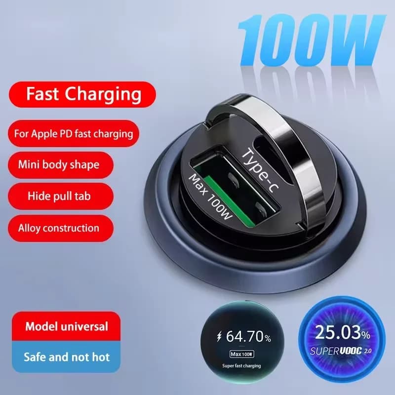 Caricabatterie per Auto 100W, Ricarica Rapida, Adattatore Metallico One Tow, Caricatore Flash per Auto, Mini Caricatore con Anello di Trazione, Nuovo Caricabatterie PD per Auto, Accessori Elettronici per Auto