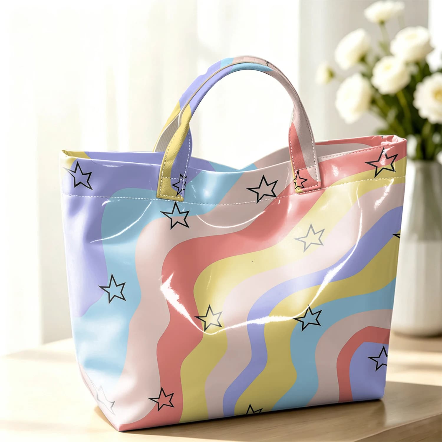 Rainbow Wave Star Stylish Large Glossy PVC Tote Bag Washable Waterproof Durable Ideal for Travel Commute Cosmetics Book Handbags