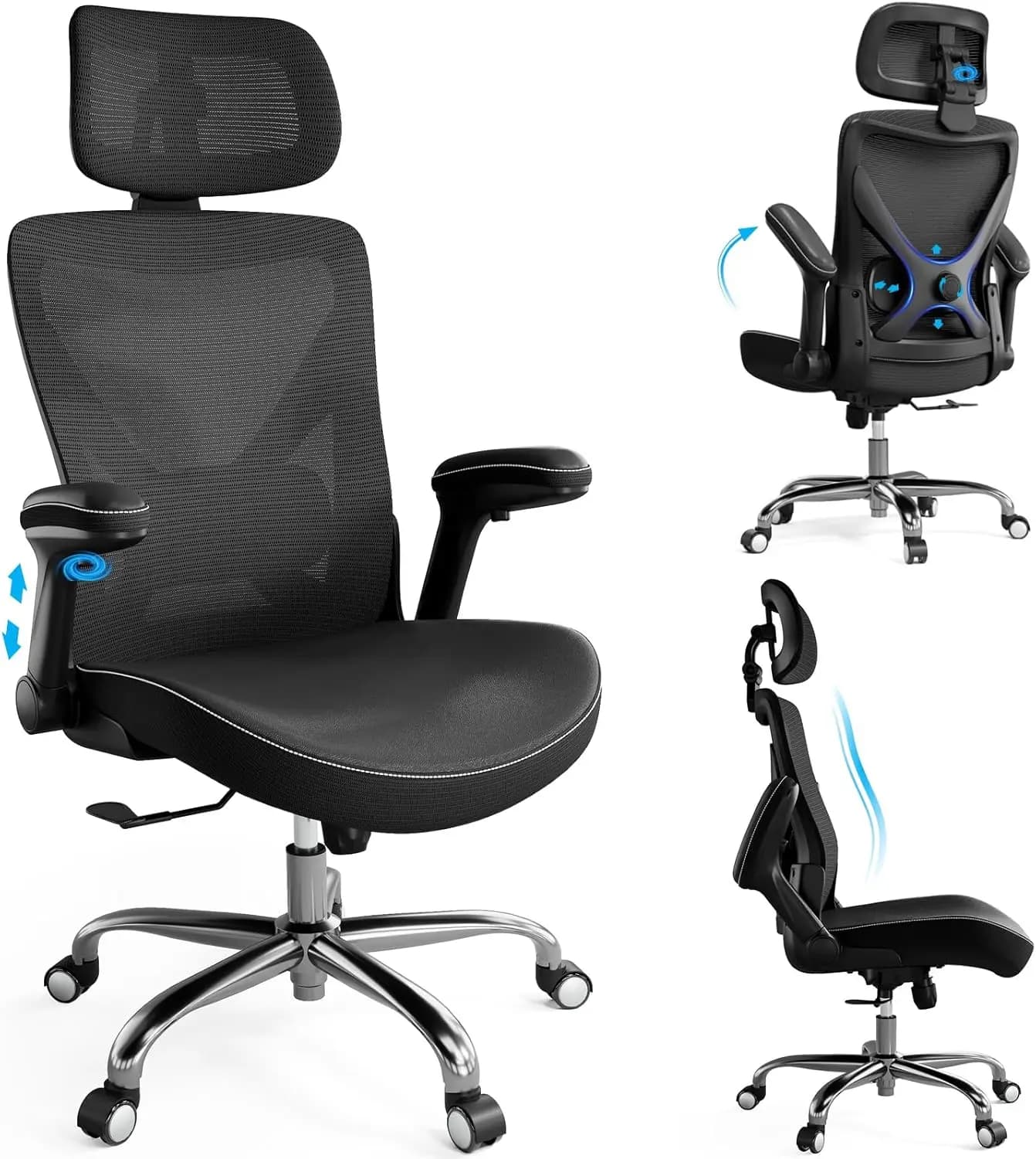 Sedia da Ufficio Ergonomica con Supporto Lombare Regolabile, Poggiatesta Alto, Braccioli Ribaltabili e Rotazione a 360° ° Rotazione - Nero